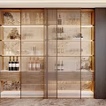Elegant Modern Display Cabinet Featuring Glass Doors And Wine Bottles With Warm Lighting