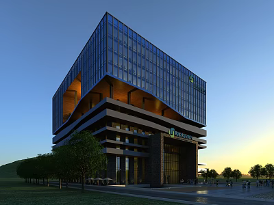 Modern Office Building With Glass Facade Multi Level Structure And Trees Around Sunset View 3d model