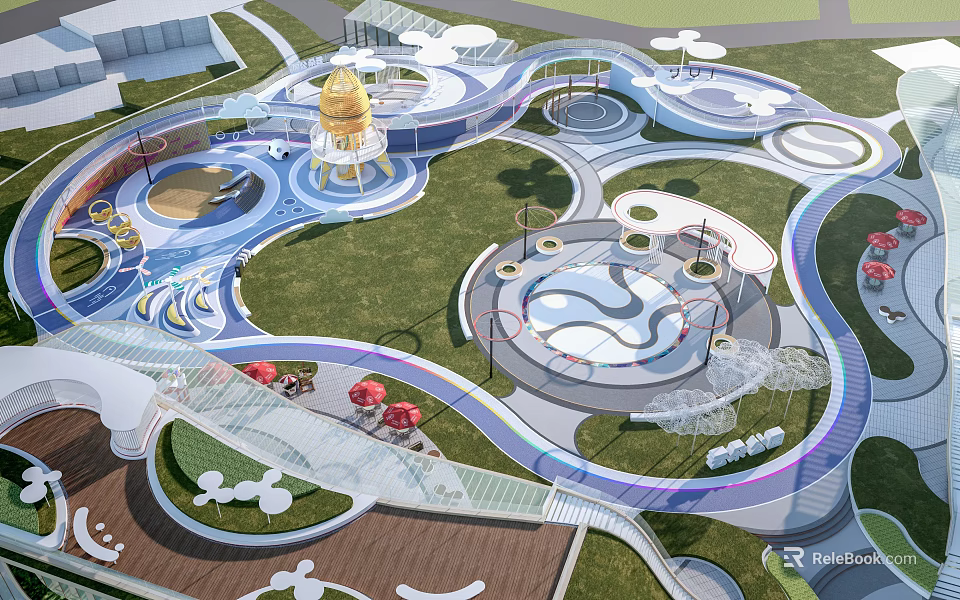Modern Park Landscape With Golden Dome Structure Curved Pathways And Lush Green Lawns 3d model 
