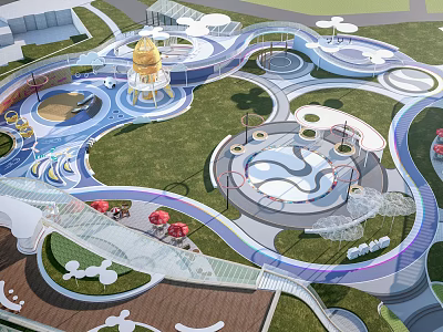 Modern Park Landscape With Golden Dome Structure Curved Pathways And Lush Green Lawns 3d model