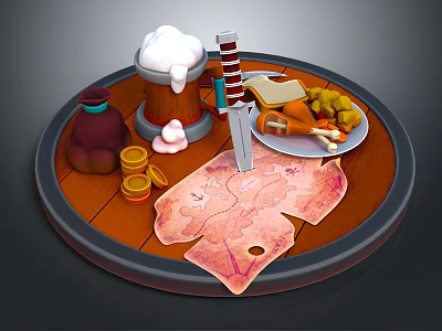 Vintage Decorative Ornament Set With Circular Tray Beer Barrel Knife Food Plate And Map Paper 3d model