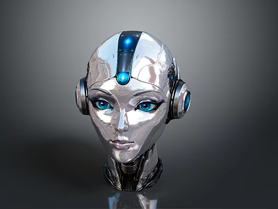 Futuristic Metallic Robot Head Design With Blue Glowing Eyes And Headphone Ears 3d model