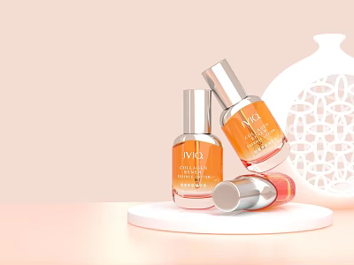 Elegant Perfume Cosmetics With Orange Bottles On White Plinth And Decorative Vase 3d model