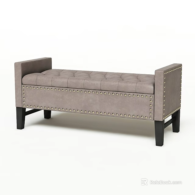 Gray Tufted Ottoman Bench with Stud Details Armrests and Black Wooden Legs 3d model 