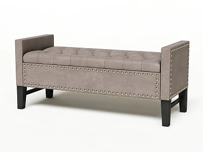 Gray Tufted Ottoman Bench with Stud Details Armrests and Black Wooden Legs 3d model