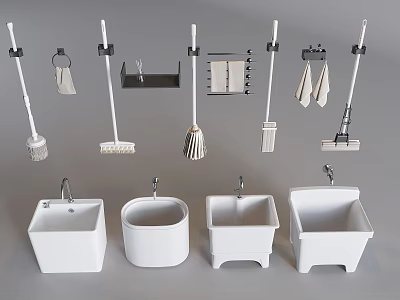Bathroom Accessories Including White Sinks Mops Brushes and Towel Racks 3d model