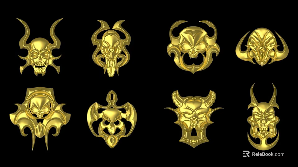 Intricate Golden Skull Horns Decorative Ornament Set With Gothic Design Elements 3d model 