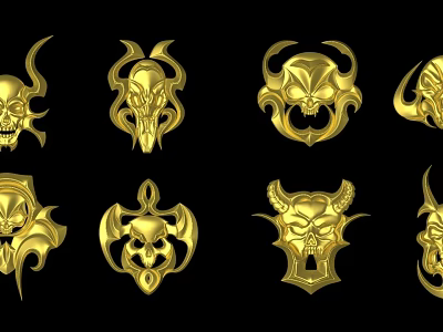 Intricate Golden Skull Horns Decorative Ornament Set With Gothic Design Elements 3d model