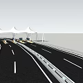 Modern Highway Road Featuring White Tent Structures And Vehicles With Guardrails 3d model
