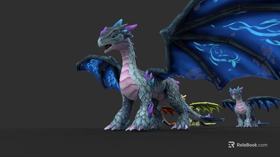 Colorful Reptile Dragon With Blue Wings Purple Accents Scaly Body And Smaller Dragons 3d model 