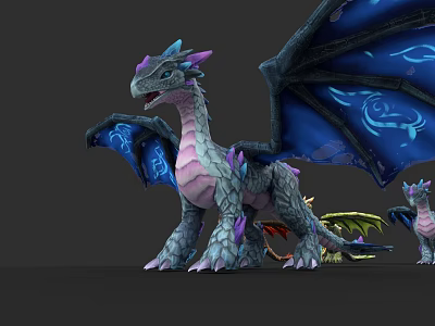 Colorful Reptile Dragon With Blue Wings Purple Accents Scaly Body And Smaller Dragons 3d model