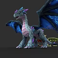 Colorful Reptile Dragon With Blue Wings Purple Accents Scaly Body And Smaller Dragons