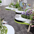 Courtyard Garden With Curved Flower Beds Colorful Decorations And Lush Green Plants