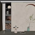 Modern Layered Decorative Cabinet With Black Frame Books Decorations Firewood And Indoor Plant