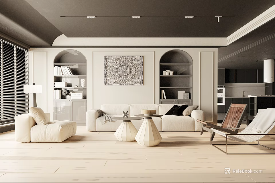 Modern Living Room Interior Design With Sofa Wall Art Arched Bookshelves And Ceiling Lighting 3d model 