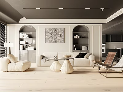 Modern Living Room Interior Design With Sofa Wall Art Arched Bookshelves And Ceiling Lighting 3d model