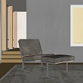 Modern Leather Accent Chair With Ottoman On Wooden Floor And Area Rug Interior