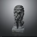 Carved Sitting Stone Lion Statue With Detailed Mane And Square Base