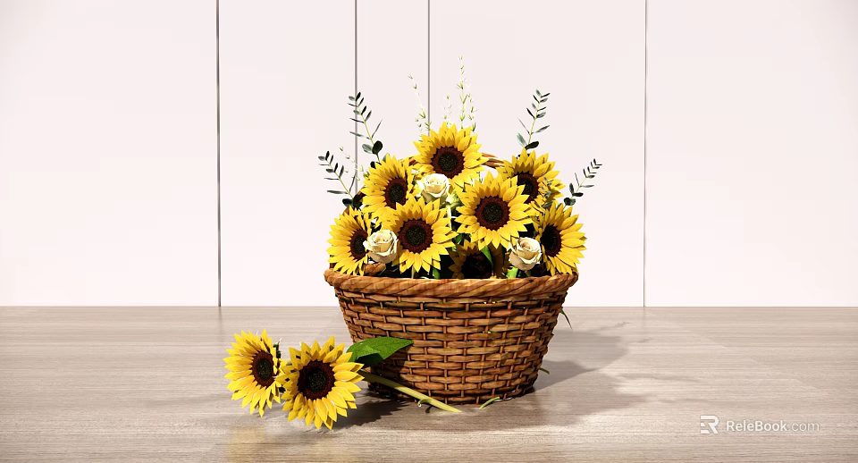 Beautiful Sunflowers and Roses Arrangement in Wicker Basket on Wooden Tabletop with White Wooden Wall 3d model 