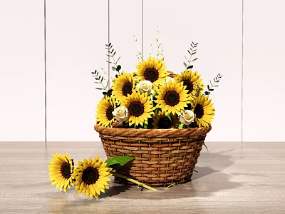 Beautiful Sunflowers and Roses Arrangement in Wicker Basket on Wooden Tabletop with White Wooden Wall 3d model