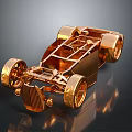 Golden Vintage Race Car Model With Frame Structure And Reflective Dark Background
