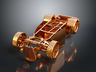 Golden Vintage Race Car Model With Frame Structure And Reflective Dark Background 3d model