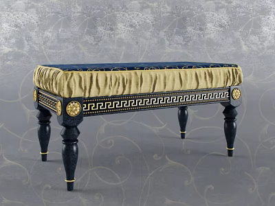 Elegant Blue Sofa Bench With Gold Trim And Patterns On Black Legs 3d model