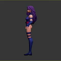 Stylized 3D Model Character With Purple Hair Blue Outfit Red Stripes And Arm Leg Guards