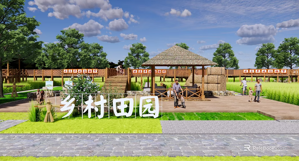Rural Landscape with Thatched Gazebo Wooden Deck Hay Bales Green Grass Trees and Blue Sky 3d model 
