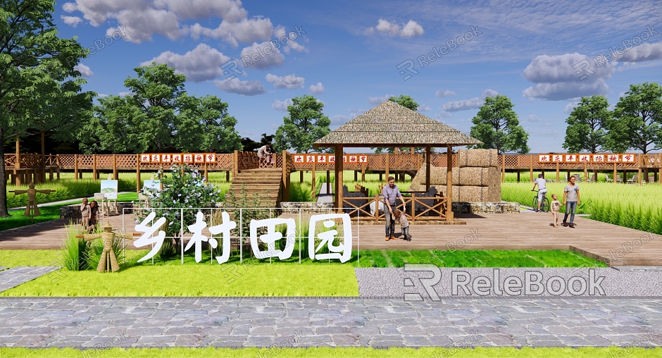 Modern Farmland Country Farm Park Landscape Paddy Field Rice Plank Road Thatched Pavilion Agricultural Landscape Farming Transplanting Festival model