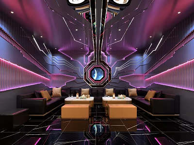 Modern KTV Room Interior With Purple Pink Lighting And Black Leather Sofas 3d model