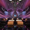 Modern KTV Room Interior With Purple Pink Lighting And Black Leather Sofas