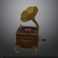 Vintage Gramophone With Golden Horn Wooden Base Black Record And Pink Center