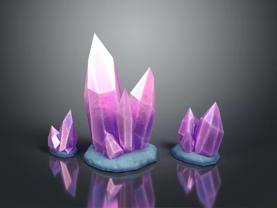 Purple Crystal Clusters With Pointed Tips On Blue Bases Over Black Reflective Surface Gray Background 3d model