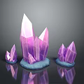 Purple Crystal Clusters With Pointed Tips On Blue Bases Over Black Reflective Surface Gray Background