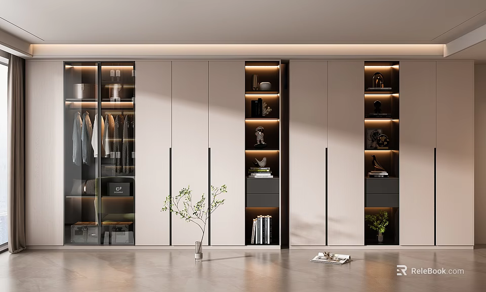 Modern Built-in Wardrobe With Glass Doors Storage Compartments And Potted Plant 3d model 