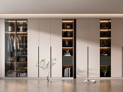 Modern Built-in Wardrobe With Glass Doors Storage Compartments And Potted Plant 3d model