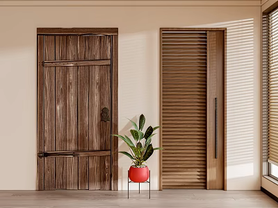Wooden Swing Door In Sunlit Interior With Louvered Door And Potted Plant 3d model