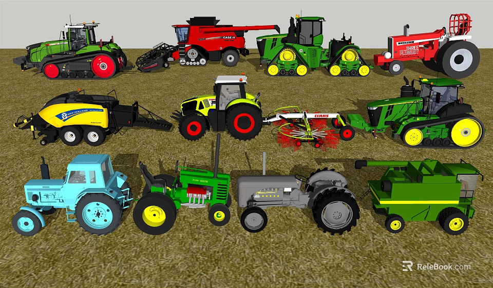 Various Types of Functional Agricultural Vehicles Showcased on Grass Field 3d model 