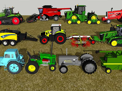 Various Types of Functional Agricultural Vehicles Showcased on Grass Field 3d model