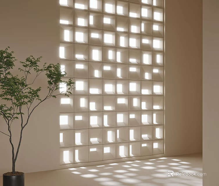 Light Filtering Partition Wall With Geometric Square Openings And Indoor Plant 3d model 