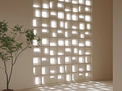 Light Filtering Partition Wall With Geometric Square Openings And Indoor Plant 3d model