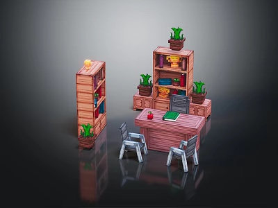 Toy Building Block Room Setup With Bookshelf Table Chairs And Potted Plants 3d model