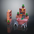 Toy Building Block Room Setup With Bookshelf Table Chairs And Potted Plants