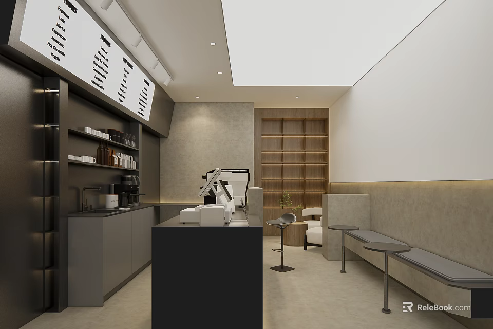 Modern Café Interior Design With Black Counter Coffee Machine Wooden Shelves And Bench Seats 3d model 
