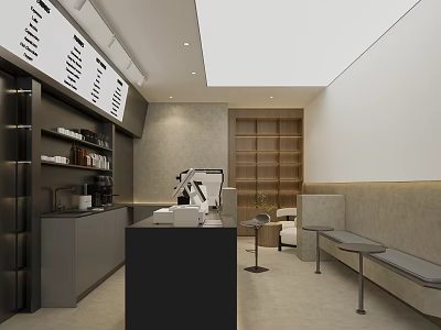 Modern Café Interior Design With Black Counter Coffee Machine Wooden Shelves And Bench Seats 3d model