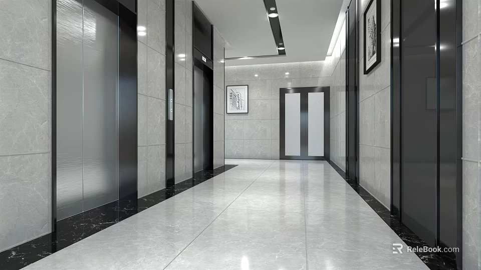 Modern Elevator Hallway Design Featuring Shiny Floor Sleek Walls And Artwork 3d model