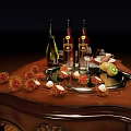 Elegant Wooden Table With Wine Bottles Wine Glasses Fruits And Teacup On Carved Wooden Floor