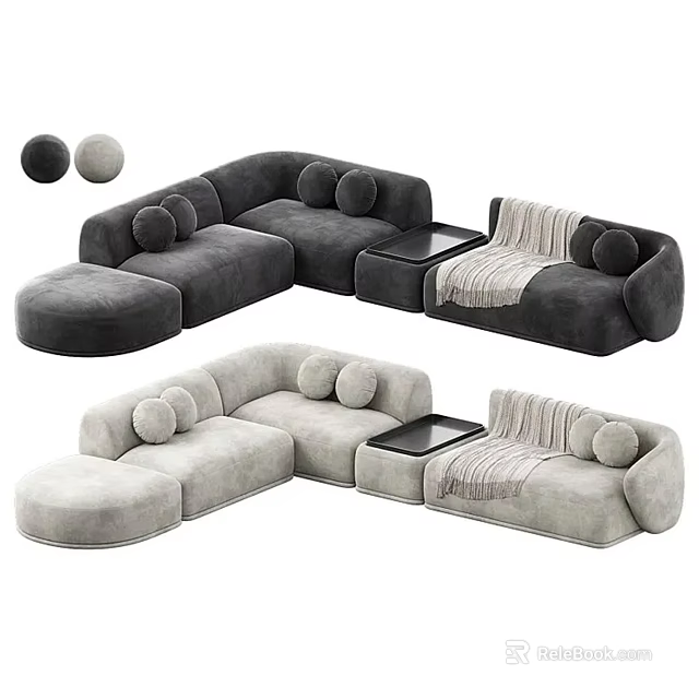 Contemporary Modular Sofa in Dark and Light Gray with Round Cushions and Side Tables 3d model 