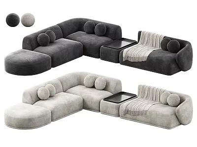Contemporary Modular Sofa in Dark and Light Gray with Round Cushions and Side Tables 3d model
